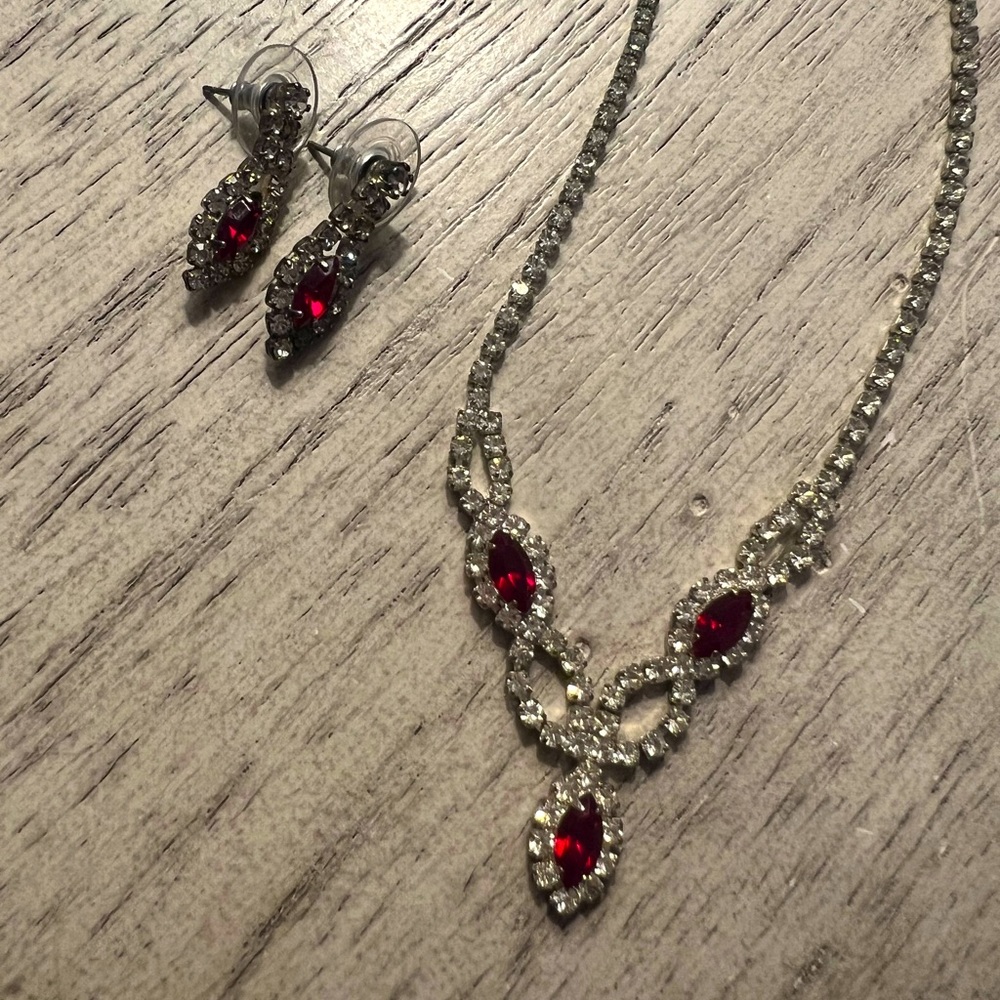 Ruby & Crystal Necklace / Earrings Set